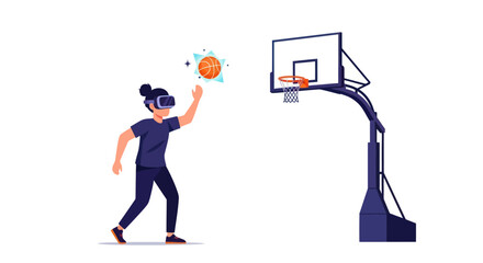 Person wearing VR headset playing virtual basketball game with hoop.