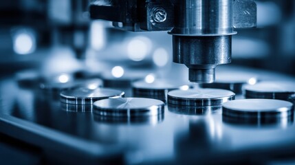 Fototapeta premium Close-up view of a machining tool performing precision work on circular metal parts in a factory, showcasing advanced manufacturing techniques.