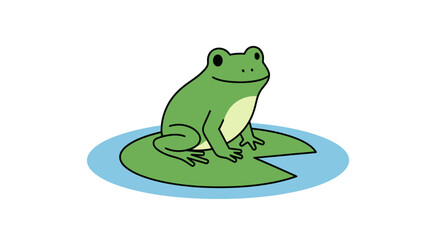 Cartoon Green Frog Sitting on a Lily Pad in Water.