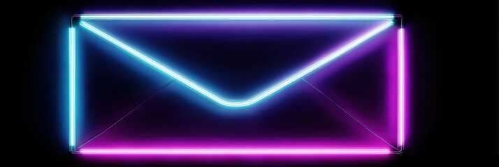 A vibrant neon envelope illuminates in blue and pink colors against black, showcasing a stylish digital design with a contemporary feel.