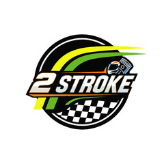Vibrant motorsport emblem design celebrating the power of the two-stroke engine, with a dynamic helmet and checkered flag for racing championships