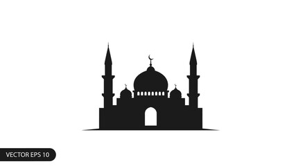 Black Mosque Silhouette Icon with Dome and Minarets Islamic Worship Symbol.