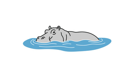 Cartoon Hippopotamus Swimming in Water with Visible Head and Back. © Rizal