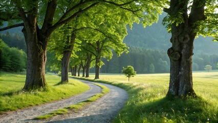Scenic winding road through a lush green meadow with trees and a forest in the background on a sunny day in bavaria, germany