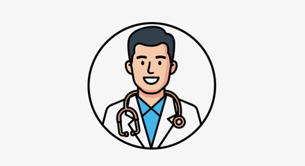 Smiling Male Doctor Avatar with Stethoscope Icon.