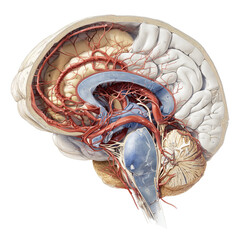 morphology of blood vessels in the subarachnoid space of the brain, with emphasis on surrounding spaces and fine structural features, PNG