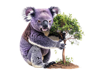 Naklejka premium Cute koala bear holding a small green tree isolated on black background isolated on white background isolated on transparent background