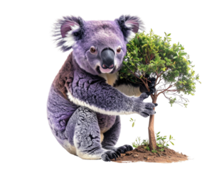 Cute koala bear holding a small green tree isolated on black background isolated on white background isolated on transparent background