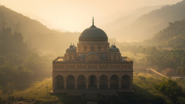 Discover ancient beauty with this stunning mausoleum nestled in misty hills at sunrise, perfect for travel blogs, historical documentaries, and scenic backdrops