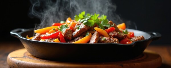 Hot sizzling steak fajitas with colorful peppers and onions in cast iron skillet. Steam rises from the flavorful Mexican dish garnished with fresh cilantro. Delicious savory meal.
