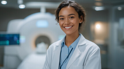 A smiling medical professional using advanced nuclear imaging equipment to diagnose a patient representing healthcare technology innovation nuclear medicine precision