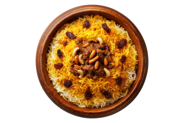 Kabsa bowl spiced biryani with lamb or chicken, rice, nuts, and raisins in wooden bowl, isolated on white transparent background. Concept of Arabic cuisine