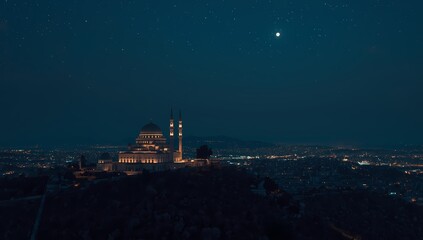 Serene mosque illuminated at night under starry sky, a beacon of faith and peace in a vibrant cityscape perfect for travel and cultural insights