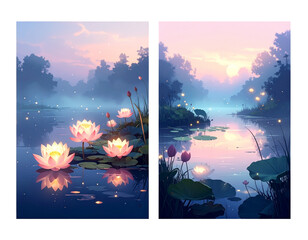 Dreamy Pastel Sky Landscape with Lotus Flowers and Fireflies, isolated on transparent background