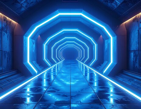Futuristic tunnel with neon blue lights reflects in a wet floor