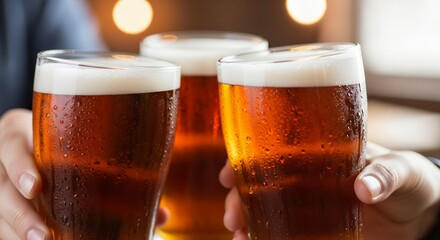 Close-up shot of hands holding three frosty glasses of amber beer with creamy foam head. Concept for celebration cheers, pub atmosphere and casual gathering or brewery promotion