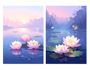 Serene Lotus Pond at Twilight with Fireflies, isolated on transparent background
