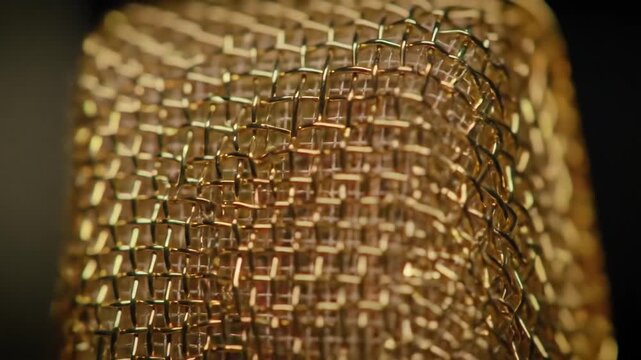 Closeup of a golden microphone grill showcasing intricate metallic mesh texture and shimmering reflections under studio lighting ideal for music audio and broadcast themes.