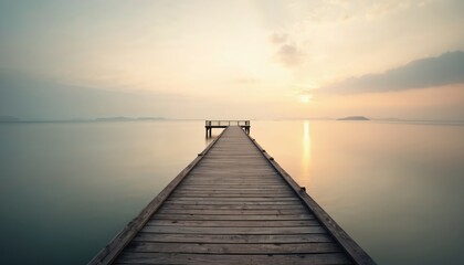 Wooden pier extends into calm sea at sunrise. Gentle water reflects soft sky colors. Distant islands appear misty on the horizon. Peaceful dawn setting offers serene water view.