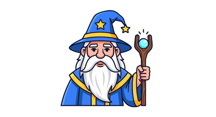 Naklejka premium Cartoon Wizard with Blue Hat and Magical Staff.
