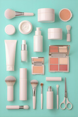 Obraz premium A vibrant collection of beauty and cosmetic products, including lipstick, mascara, and a brush set, against a pink background