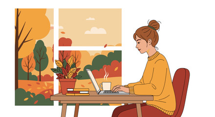 Remote worker enjoys coffee and autumn view while typing on laptop at a comfortable desk