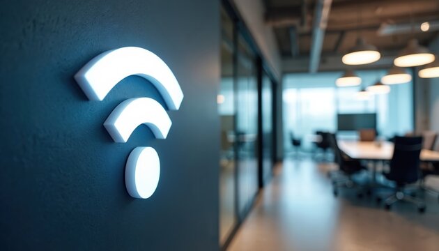 Bright wifi symbol on office wall. Empty conference room view shows tech workplace with table and chairs. Tech workplace offers access point. Fast internet connects people and devices at work.