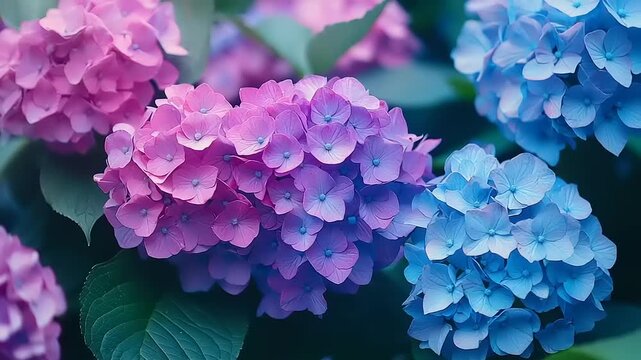 Close-up view of vibrant pink and blue hydrangea flowers in bloom.