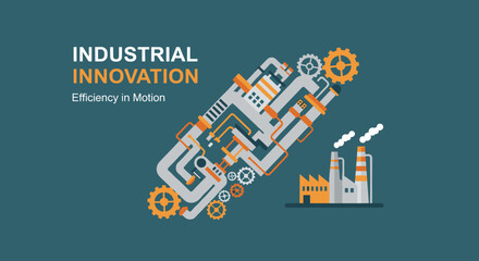 Industrial innovation graphic featuring gears pipes and factory for efficiency concept