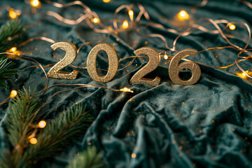 Golden 2026 numbers on velvet with Christmas lights – festive New Year composition