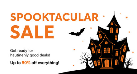 Haunted house graphic for Halloween Spooktacular Sale promotion banner