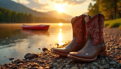 Cowboy boots near river at sunset. Boots rest on shore near water. Red canoe floats peacefully. Golden light bathes landscape scenic outdoor adventure.