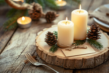 Cozy holiday table setting with candles, pine cones and rustic decor
