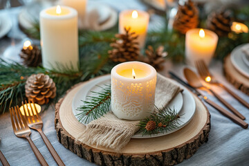 Cozy holiday table setting with candles, pine cones and rustic decor