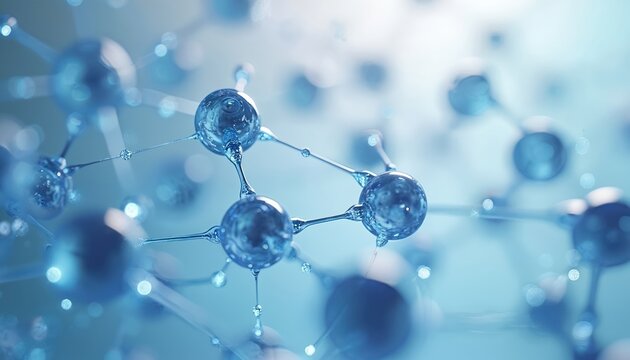 Close up of blue molecular structure with network connections. Tech background shows atom model, chemistry design. Nanotech abstract for science presentation medical research. Molecule construction - Powered by Adobe