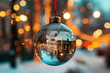 Christmas bauble reflecting a festive winter street scene with bokeh lights