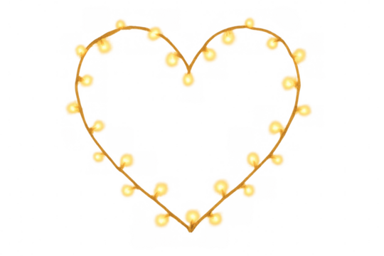 Heart shaped string lights glowing with warmth, symbolizing love, romance, and celebration, transparent background