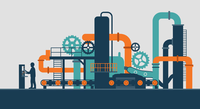 Industrial automation concept Worker silhouette controlling complex factory machinery and pipes