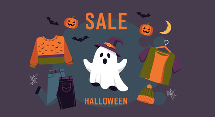 Seasonal clothing sale banner for Halloween featuring a ghost pumpkins and bats