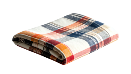 Folded blanket, tartan pattern, red, blue, orange, white
