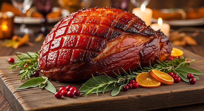 Roasted ham with garnishes on wooden board for holiday feast