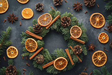Natural Christmas wreath with dried orange slices, cinnamon sticks, and pine branches