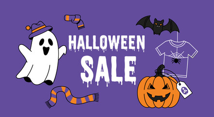 Happy Halloween Sale vector banner with spooky ghost pumpkin and bat illustrations