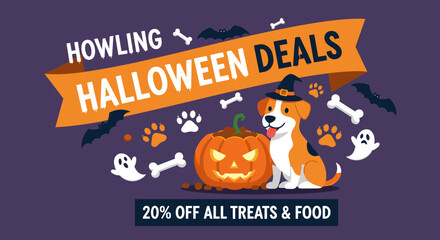 Howling Halloween Deals Cute dog in witch hat jackolantern pet food promotion graphic