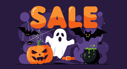 Spooky Halloween SALE promotion graphic with pumpkins ghost and bats