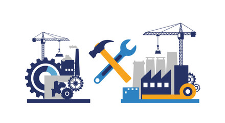 Industrial flat vector Factory buildings construction cranes gears and crossed repair tools