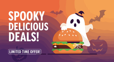Halloween ghost holding a burger for spooky delicious food deals Seasonal restaurant limited offer banner