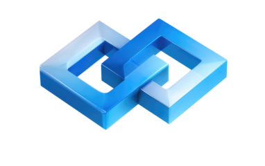 Interlocking, 3D, blue squares forming an infinity symbol