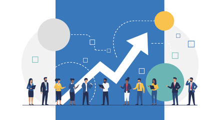 Diverse business team collaborating on strategy achieving success with a strong upward growth arrow