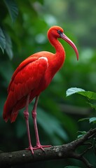 Scarlet ibis bird perches on tree branch. Bright red plumage and long curved beak contrast with rich green foliage background. Elegant avian wildlife stands still.